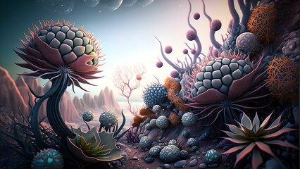 Sticker - Lush and vibrant landscape featuring a variety of alien vegetation in the foreground, AI-generated.