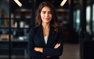 Wall Mural - Successful smiling business lady wearing fashion suit in the office looking at the camera