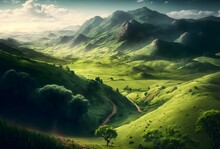 AI Generated Illustration Of Realistic Green Mountain Landscape With Cloudy Sky In A Valley
