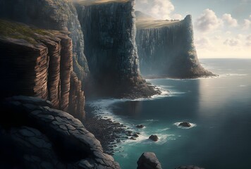 AI generated illustration of realistic rocky cliff and sea with cloudy sky