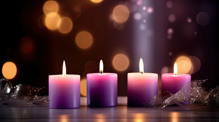 Advent Candles - Four Purple Votive Candlelight In Church With Defocused Abstract Lights on blur background