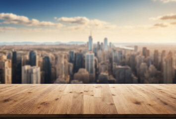 Wall Mural - Wooden table top with blurred city background