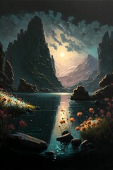 Wall Mural - ai generated illustration of night sky with moon over water with rocks and mountains