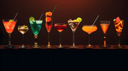 Alcoholic cocktails set, strong drinks and aperitifs, bar tools, bottles on dark green background, hard light. Martini vodka, pink lady, aperol spritz, margarita, old fashioned cocktail in glasses