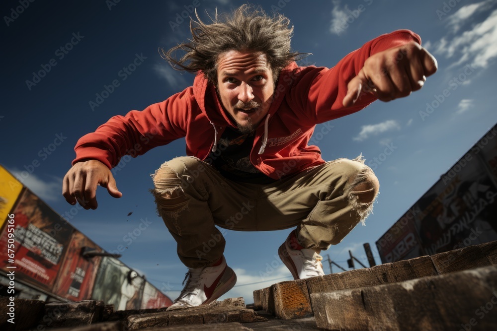 Parkour athlete performing a daring flip over an obstacle, capturing a ...