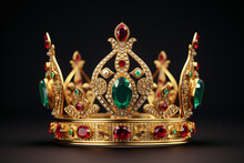 3d Royal Golden Crown With Red And Green Diamonds On Isolated Background. Textured King Gold Crown. 3d Rendering Illustration