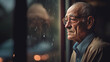 alone elderly man by a window with rain drops.
