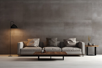 Wall Mural - Modern living room gray concrete wall with sofa and lamp and table, in the style of dark gray and dark beige, minimalist background