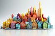 A collection of colorful miniature model homes of varying sizes, showcased against a clean white background, creating a visually appealing and dynamic composition. Photorealistic illustration