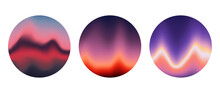 Iridescent Round Wavy Gradient Background Set. Blurred Liquid Waves Wallpaper Collection. Colorful Purple Pink Abstract Backdrops In Circles. Vector Sphere Templates For Banner, Flyer, Cover, Poster