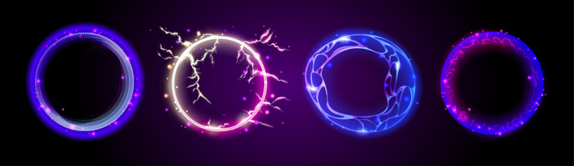 Poster - Magic energy portal set isolated on black background. Vector realistic illustration of yellow and blue circles with shimmering particles, futuristic design, lightning strike effect, fantastic teleport