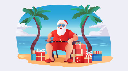 Poster - santa claus in hat sitting in armchair at tropical sea beach with palms christmas eve holiday happy new year celebration template