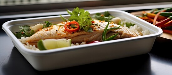 Wall Mural - In a white Asian restaurant by the sea in Thailand the chef prepared a healthy dish of fish cooked with a background of street cooking served on a white plate and presented in a food box to 