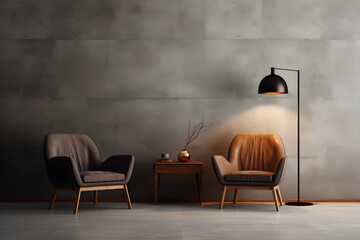 Wall Mural - Interior of a room modern furniture, chairs and a lamp in front of a concrete wall, in the style of minimalist background