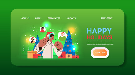 Poster - operator in santa hat with headset chatting with clients call center contact customer support service happy new year concept horizontal