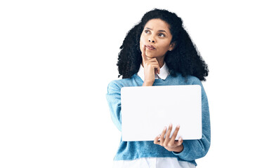 Aufkleber - Woman, laptop and thinking in decision for communication or ideas isolated on a transparent PNG background. Female person in wonder, thought or planning with computer for email, proposal or schedule