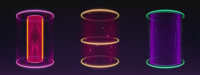 Poster - magic shimmering light portals set isolated on black background. vector realistic illustration of ne