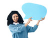 © Shubham/peopleimages.com - Happy woman, portrait and speech bubble for social media or communication isolated on a transparent PNG background. Female person smile with icon, symbol or shape for news, alert or advertising