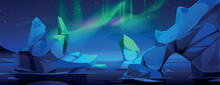 Antarctica Landscape With Ice Mountains And Green Aurora Borealis In Sky. Cartoon Vector Polar Scenery With Northern Lights In Starry Sky Under Iceberg And Glacier Rocks Floating In Sea Or Ocean.