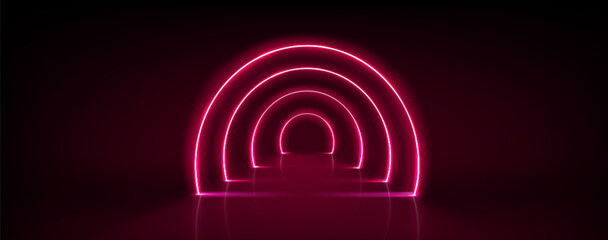 Wall Mural - arch corridor or tunnel path way with glow neon frame. pink arc luminous border or portal. realistic