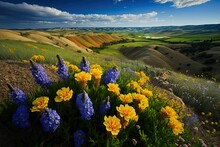 AI Generated Illustration Of A Beautiful Field Across The Hills With Blue And Yellow Wildflowers
