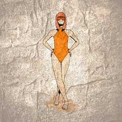 Wall Mural - Illustration of a beautiful fashion model posing in a stylish swimsuit wearing sunglasses. Young attractive woman in beachwear.