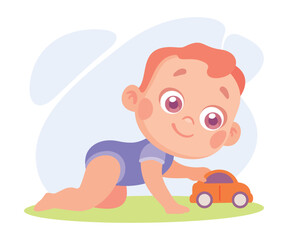 Poster - Baby Little Boy with Cute Face Creeping with Toy Car Vector Illustration