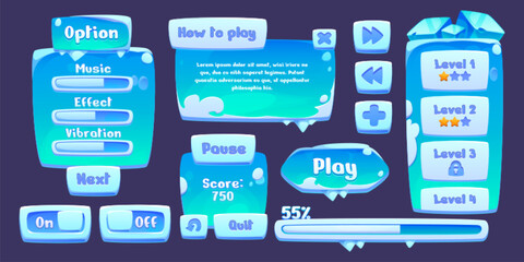 Poster - Blue gui elements with snow and icicles. Cartoon vector illustration set of winter or north game user interface design buttons and arrows, menu options banner and sign frames, boards for text.