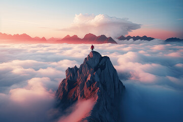 Wall Mural - a single man stands on top of a mountain overlooking clouds