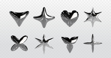 Poster - Chrome y2k abstract shapes. 3d realistic vector illustration set of silver inflatable forms of heart, star and liquid metal. Graphic design elements made of steel or platinum with reflections.