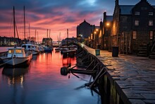 Dramatic Sunset Over Whitby Harbour, North Yorkshire, UK, Old Leiths Docks At Twilight. Edinburgh, Scotland, AI Generated
