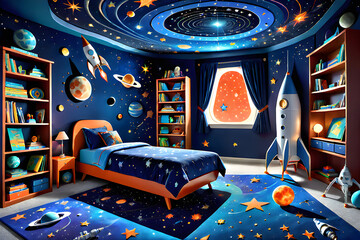 Wall Mural - Space theme. Creative and bright eco design of a children's room. Bright fantasy wallpaper on the wall of baby room.
