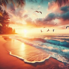 Poster - a sunset on a beach with birds flying over the water
