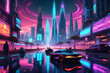 Bright blue pink neon night in a cyberpunk city. Sci-fi illustration of the futuristic city.