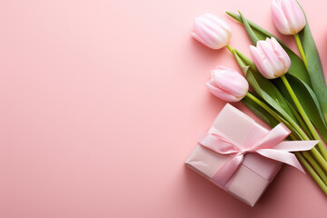 Poster - Beautiful bouquet of pink tulips tied with pink bow. Perfect for gifting or adding touch of elegance to any space.