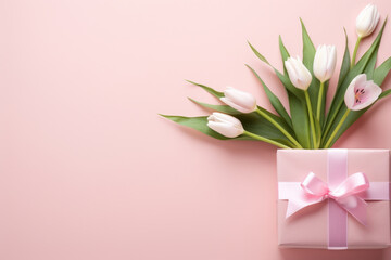 Poster - Beautiful bouquet of white tulips arranged in pink gift box. Perfect for gifting on special occasions or as decorative centerpiece.