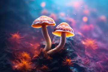 Wall Mural - Couple of mushrooms sitting on top of rock. This image can be used to depict nature, fungi, or peaceful outdoor scene.