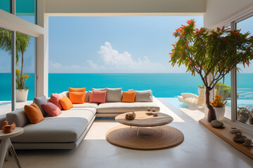 sea view living room in luxury beach house, modern villa. home interior, tropical resort concep