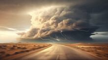 Dramatic Storm Clouds Over A Desert Road With Vivid Lightning Strikes.