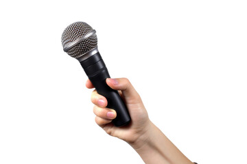 Hand holding microphone isolated on transparent background.