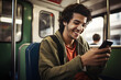 happy man in the train playing games on his smartphone