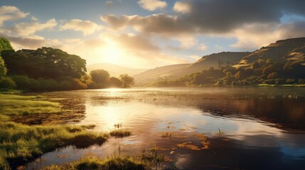 Poster - sky reflection dawn hill landscape illustration nature sun, beautiful scenery, summer background sky reflection dawn hill landscape