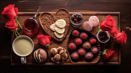 Sticker -  a wooden tray topped with assorted pastries next to a cup of coffee and a vase of red roses.  generative ai