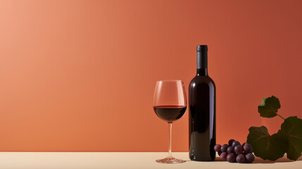 Wall Mural - Red wine bottle with a glass on a simple orange empty background