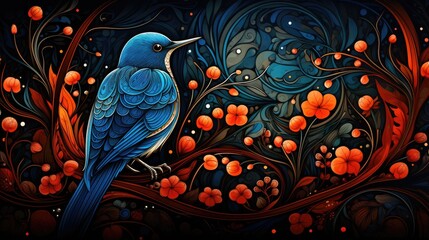 Sticker -  a painting of a blue bird sitting on a branch of a tree with orange flowers and leaves in the background.  generative ai