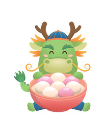 Wall Mural - Cute dragon character or mascot, glutinous rice dumpling with glutinous rice balls for Lantern Festival or Winter Solstice, Asian sticky rice sweet food, vector cartoon style