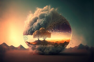 Wall Mural - ai generated illustration of desert trees inside glass alternate reality with sunset