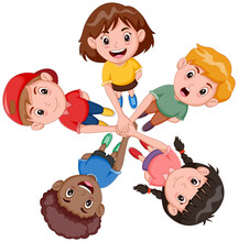 Cartoon Children Standing In A Circle Isolated On White Background. Vector Illustration