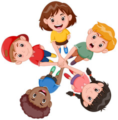 Cartoon children standing in a circle isolated on white background. Vector illustration