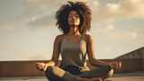 Fototapeta  - Black Woman with curly hair practicing yoga, meditating in lotus position. Ai generative.